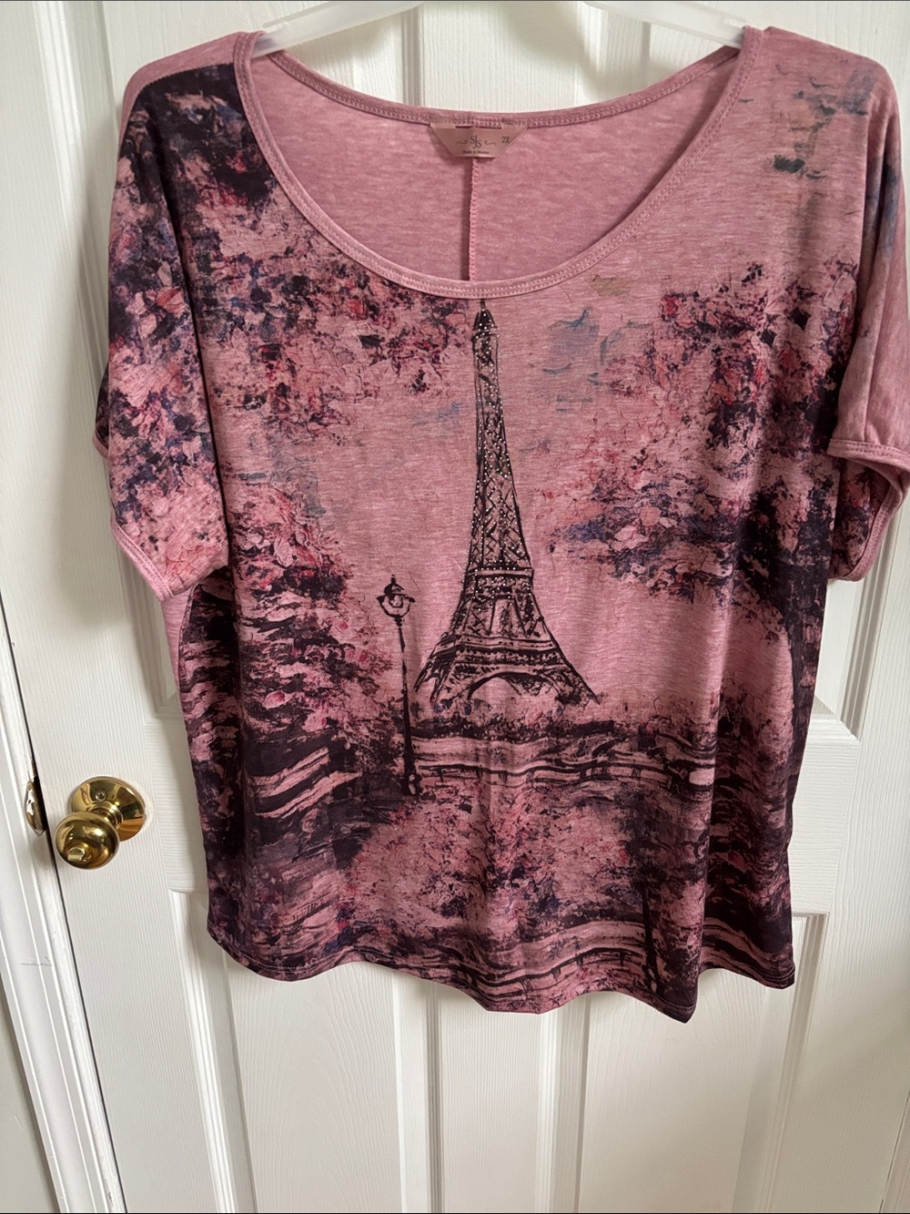Women's Pink Eiffel Tower Print Short Sleeve Top size 2x